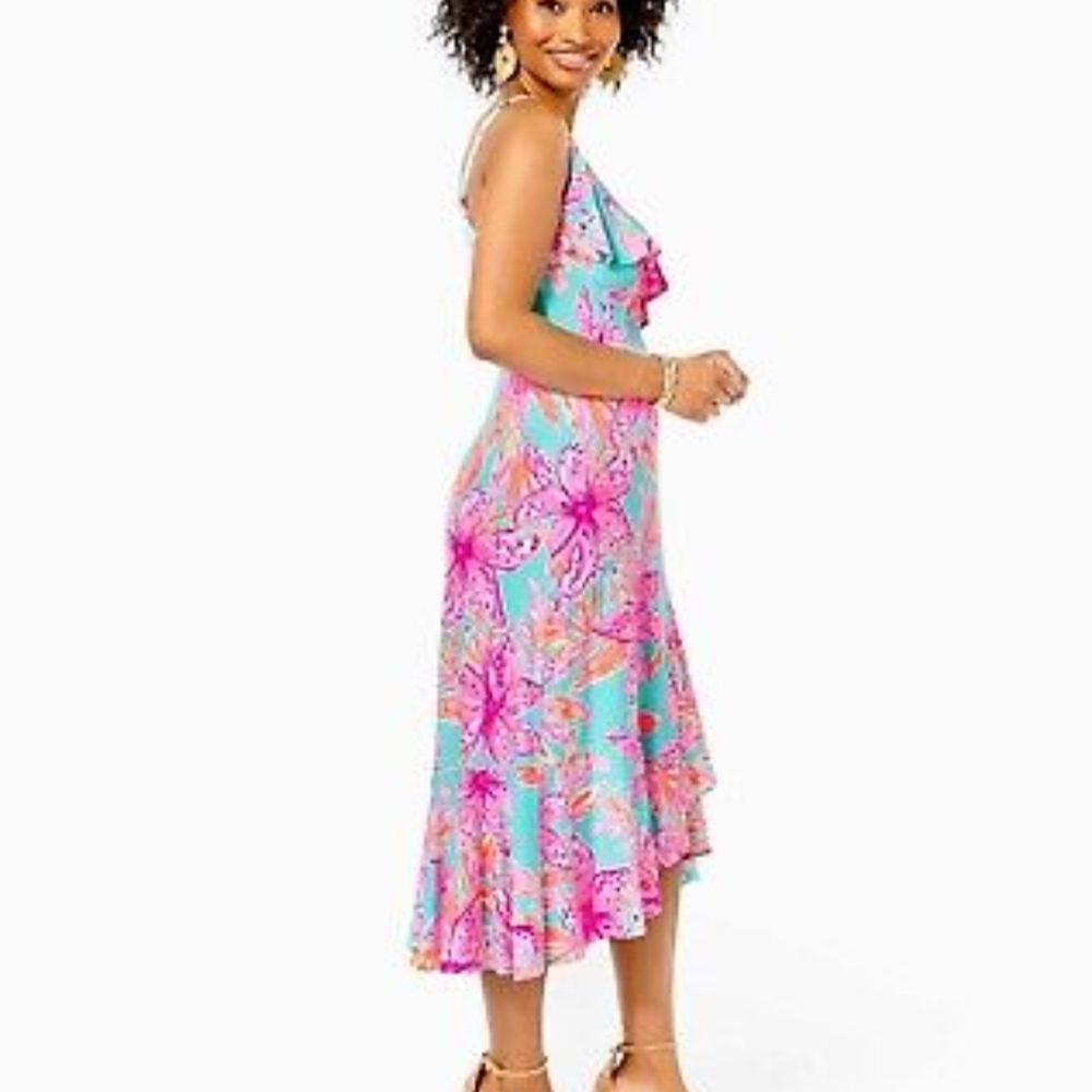Lilly Pulitzer Floral Fontaine Wrap Dress In Surf Blue Bonita Blooms Pattern